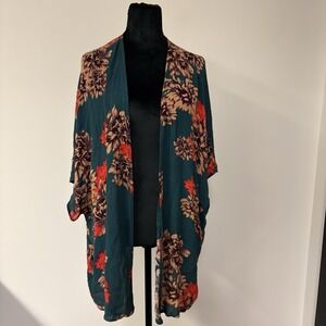 Hailey 23 Floral Kimono Cardigan XL Teal Orange Purple Open Front Rayon Boho